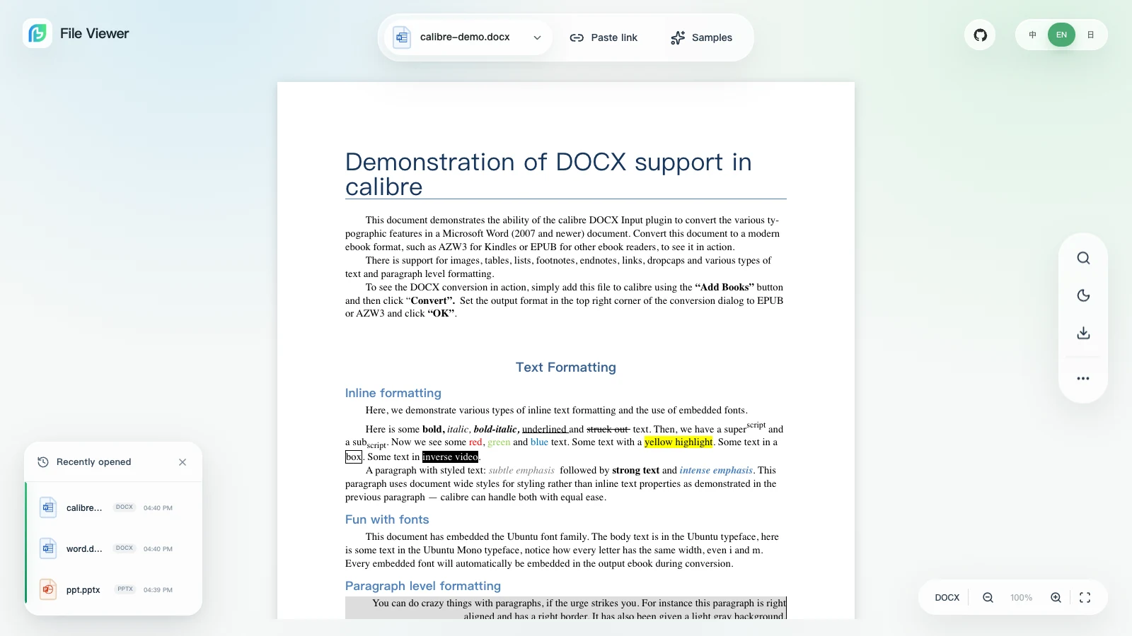 File Viewer browser-native DOCX preview workspace in English