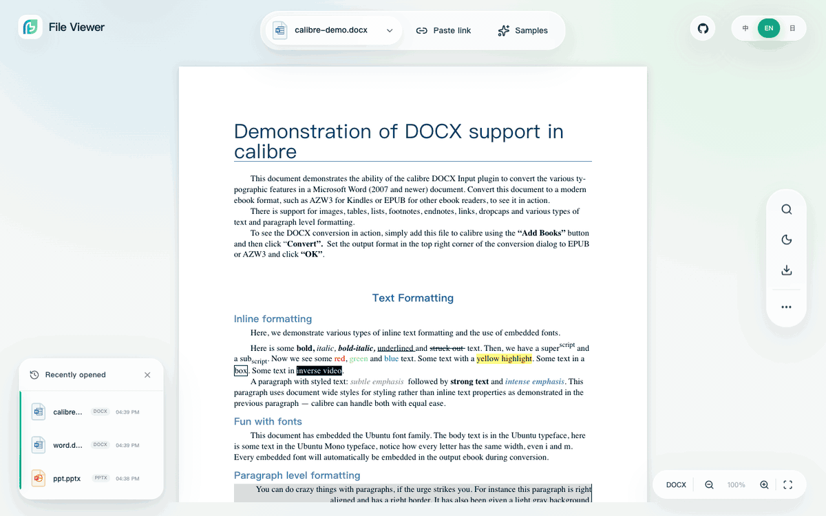 File Viewer v2.2.5 English demo with rich DOCX, PPTX, DWG, and interactive 3D STEP previews
