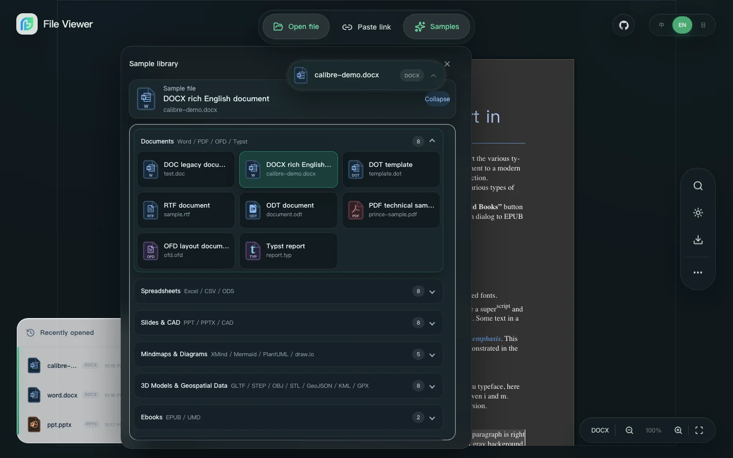 File Viewer by Flyfish v2.3.0 English dark sample library with format-specific file icons