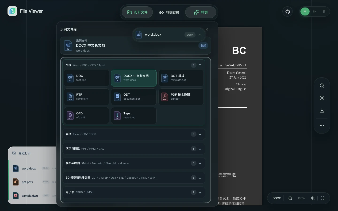 File Viewer by Flyfish v2.3.0 中文深色样例选择器，按格式分组展示专业文件图标